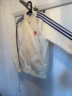 adidas Cream Track Jacket with Blue Stripes and Red Trefoil